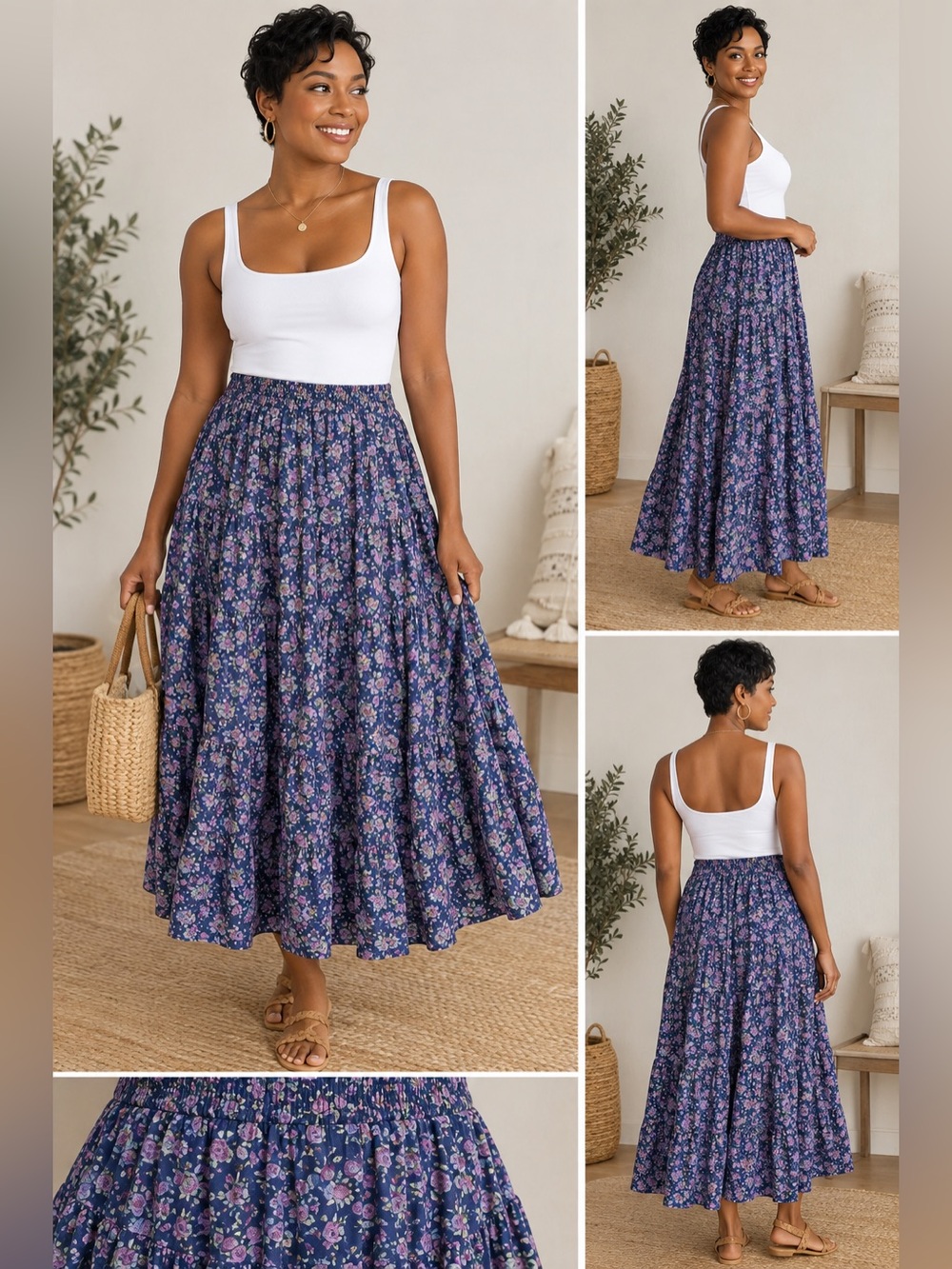 Serengeti Floral Tiered Midi Maxi Skirt Purple Blue Pink Cottagecore Boho Medium